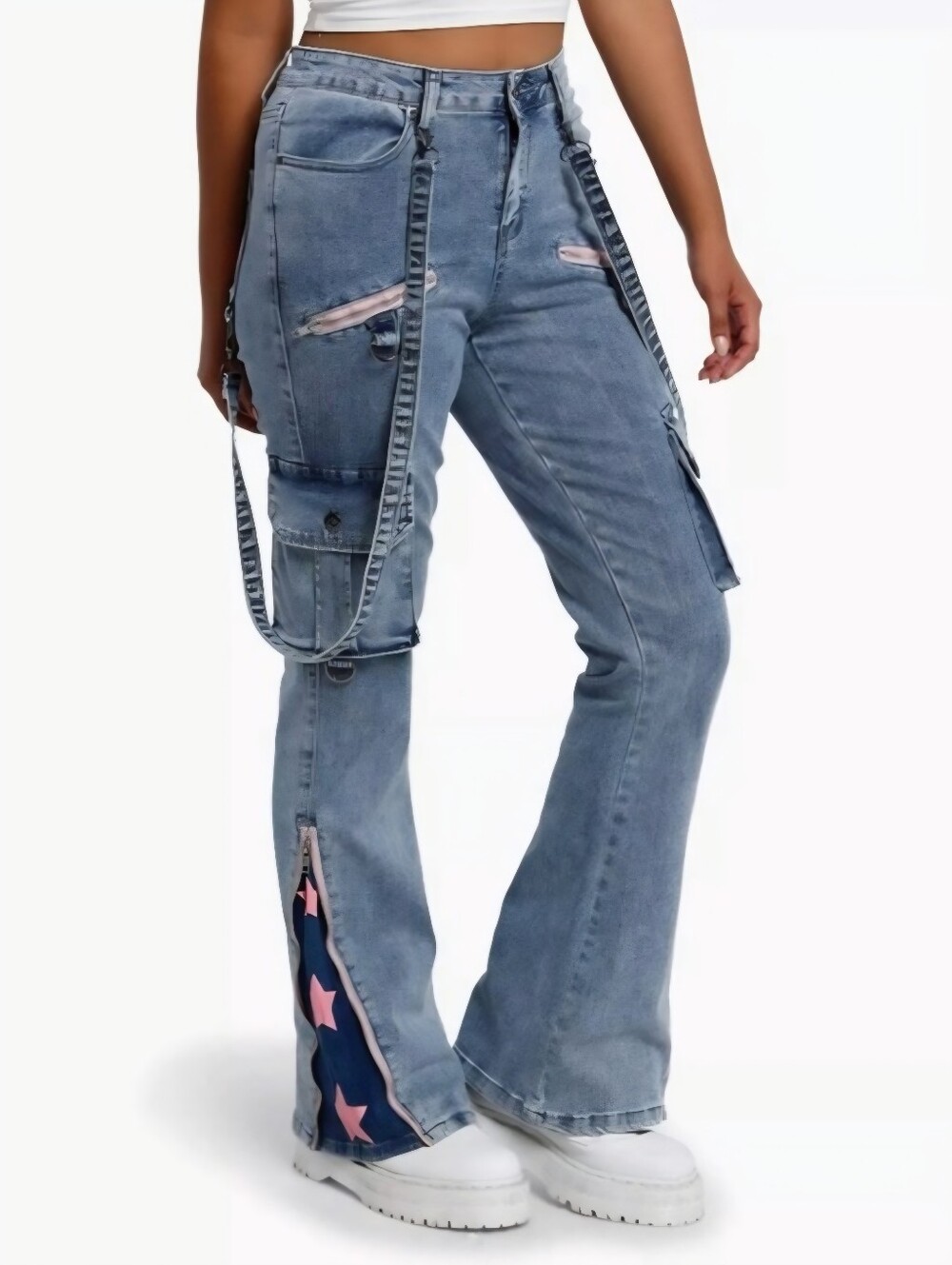 Hot Topic Women's Pink Star Flare Stretch Jeans Size 1 Pockets Y2K Grunge Rocker